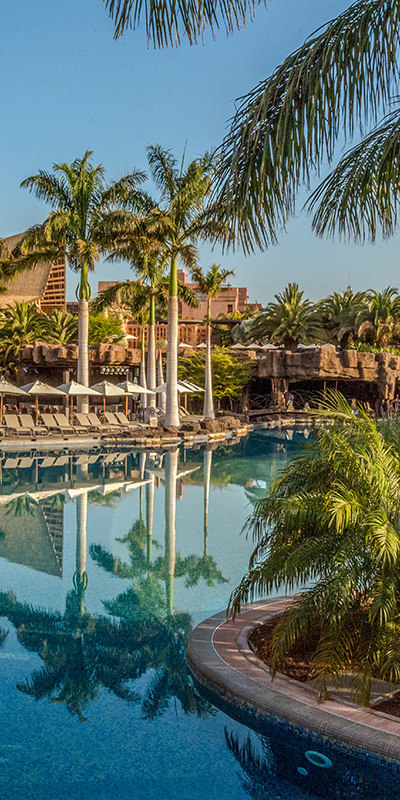  Palm trees in the pool area of ​​the hotel with an African theme Lopesan Baobab Resort in Meloneras, Gran Canaria 